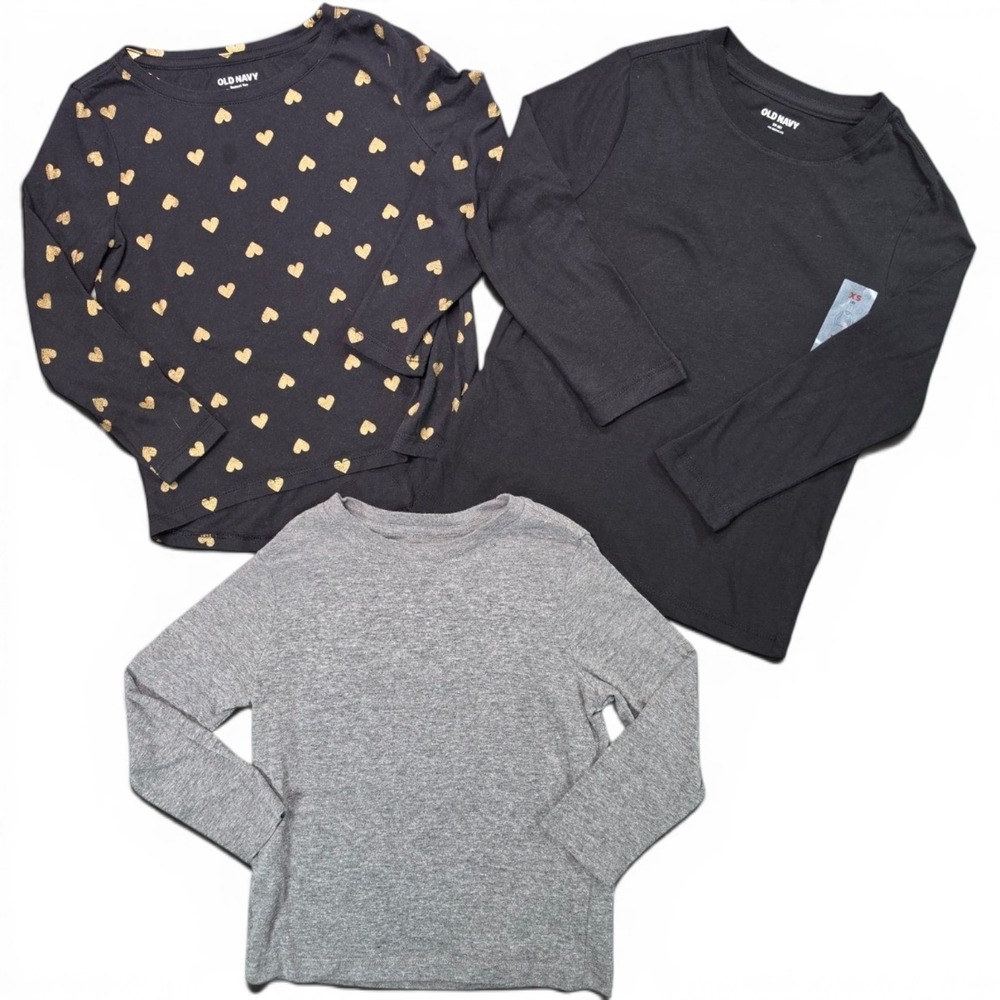 Old Navy Girls XS 5 Long Sleeve Tee Shirts Black Gray Gold Hearts 3 Piece Lot